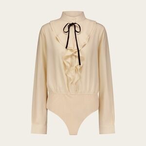 Ruffle Long Sleeve Button Front Bodysuit Cream Black Retro 70s Style Size XXL